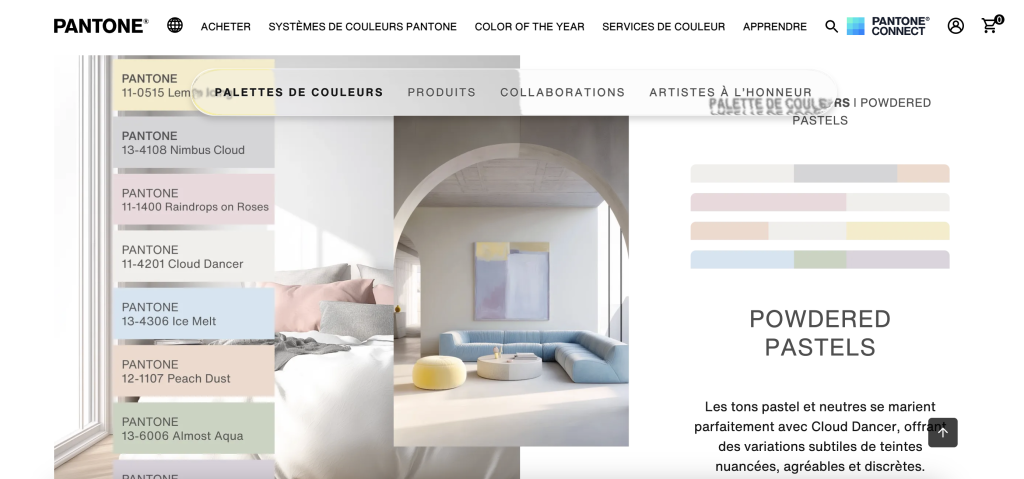 La site Pantone qui utilise la tendance "Liquid Glass" sur sa barre de navigation