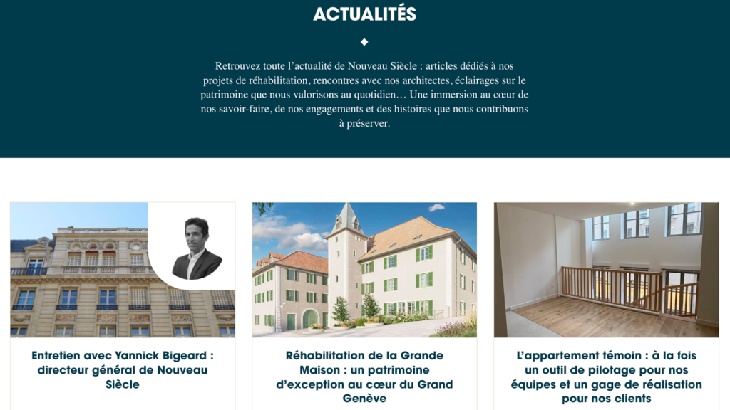 Accompagnement marketing de Nouveau Siècle, filiale de Bouygues Immobilier 2 capture d'écran du nouveau site web de Nouveau Siècle retravaillé par ACSEO