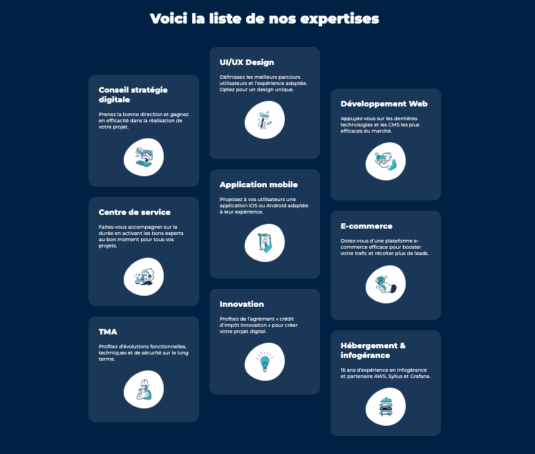 Refonte et optimisation Wordpress du site web d’ACSEO 7 Refonte et optimisation WordPress : Illustrations de notre UI/UX designeuse sur notre page expertises