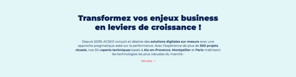 Refonte et optimisation Wordpress du site web d’ACSEO 3 Refonte et optimisation WordPress : Paragraphe d’accueil avec accordéon du site web d’ACSEO après refonte
