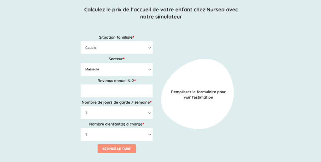Simulateur de Tarif créé par ACSEO pour Nursea